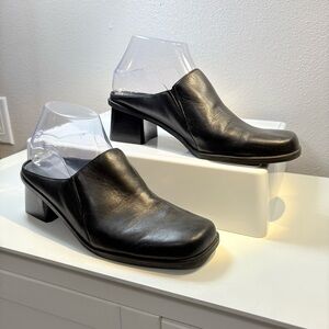 Madeline Black Leather Block Heel Mules